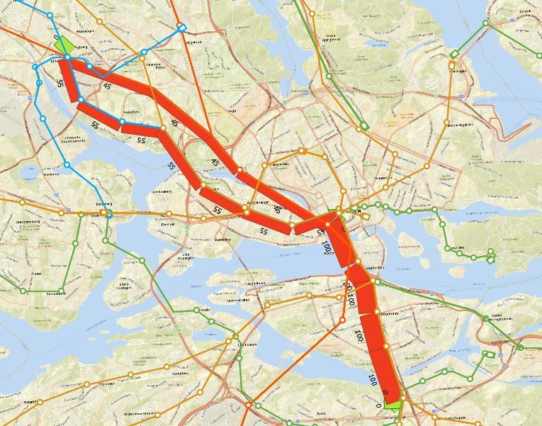 anslutningstid till aktuell nod där färdmedelsval görs. Resultat av nätutläggningen visas i Figur 7.