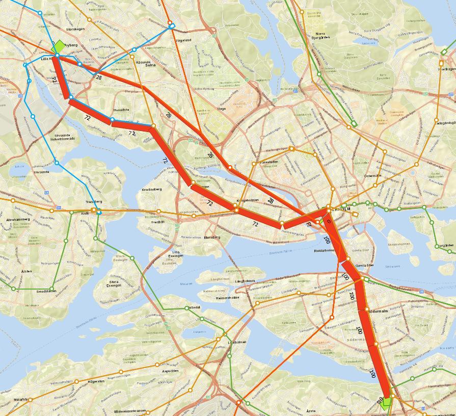 Figur 8: Extended transit assignment med hänsyn till restid vid linjeval för relationen Sundbyberg- Globen.