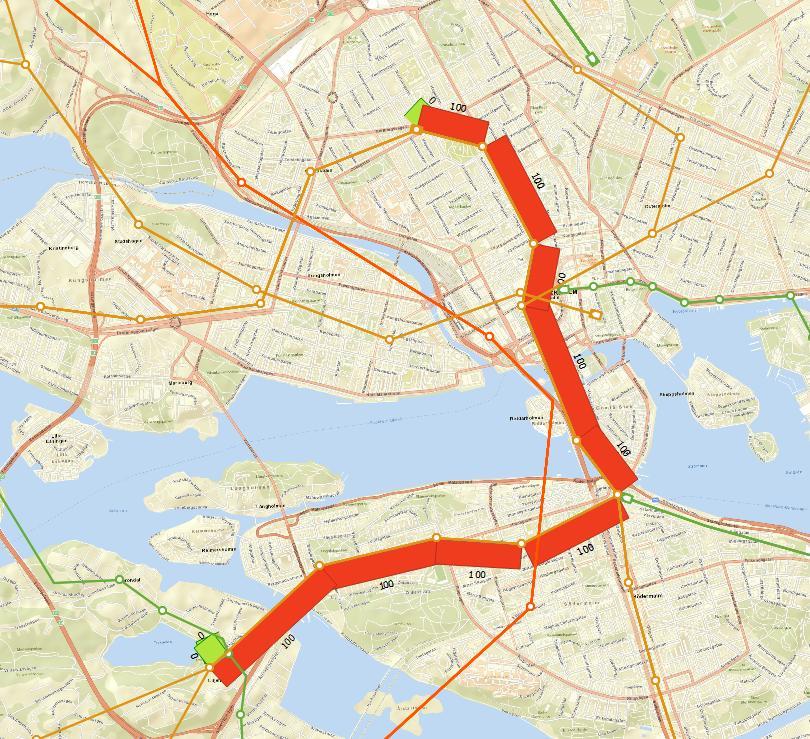 Standard transit assignment I Figur 9 visas resultat från en standard transit assignment för relationen.