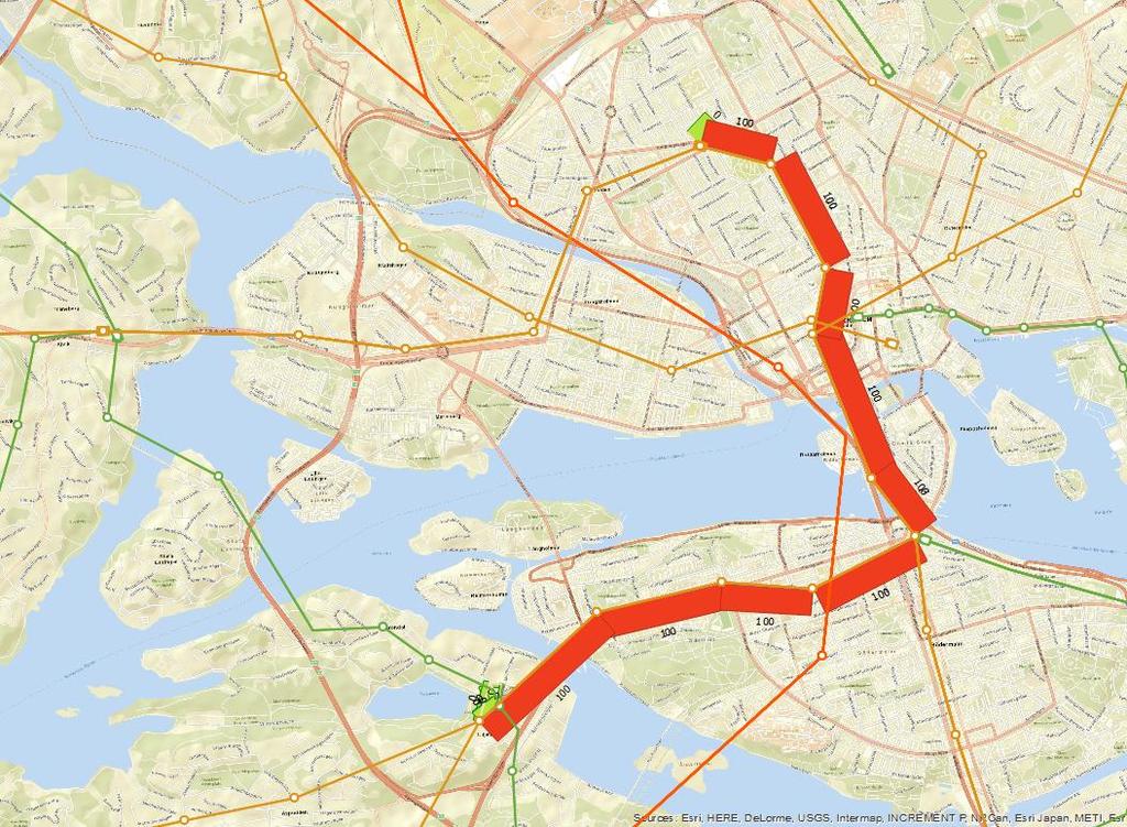 Extended transit assignment med fördelning på skaft Figur 10 visar resultat från extended transit assignment där fördelning av resenärer på skaft har genomförts.