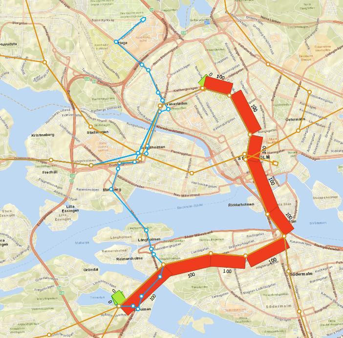 Figur 11: Standard transit assignment, Liljeholmen - Odenplan, sammankodade noder.