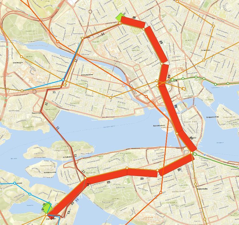 Figur 12: Standard transit assignment, Liljeholmen- Odenplan, sammankodning, minus 5 minuters ombordtid på buss 77.