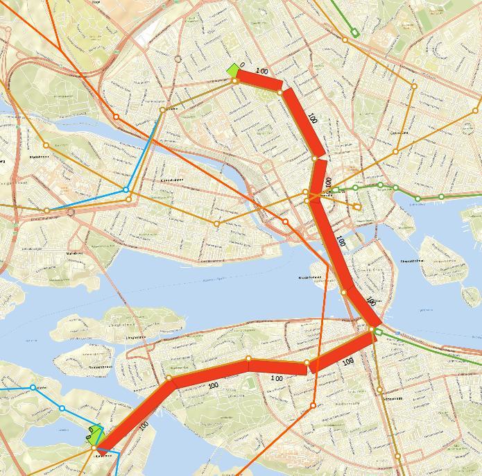 Figur 13: Extended transit assignment med hänsyn till restid vid linjeval. Sammanfattning Liljeholmen Odenplan I denna relation förekommer en mängd olika alternativ att resa kollektivt.
