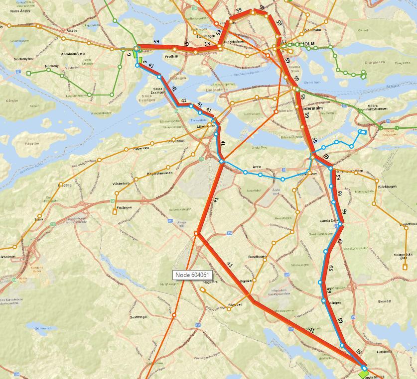 Standard transit assignment med sammankodade hållplatser Även test med sammankodade hållplatser har genomförts.