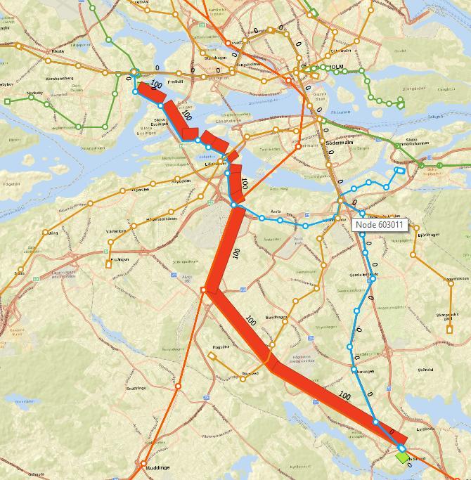 Figur 17: Extended transit assignment med hänsyn till restid vid linjeval, Farsta strand Alvik. Resultatet visar att samtliga resenärer nu väljer pendeltåg-tvärbanan.