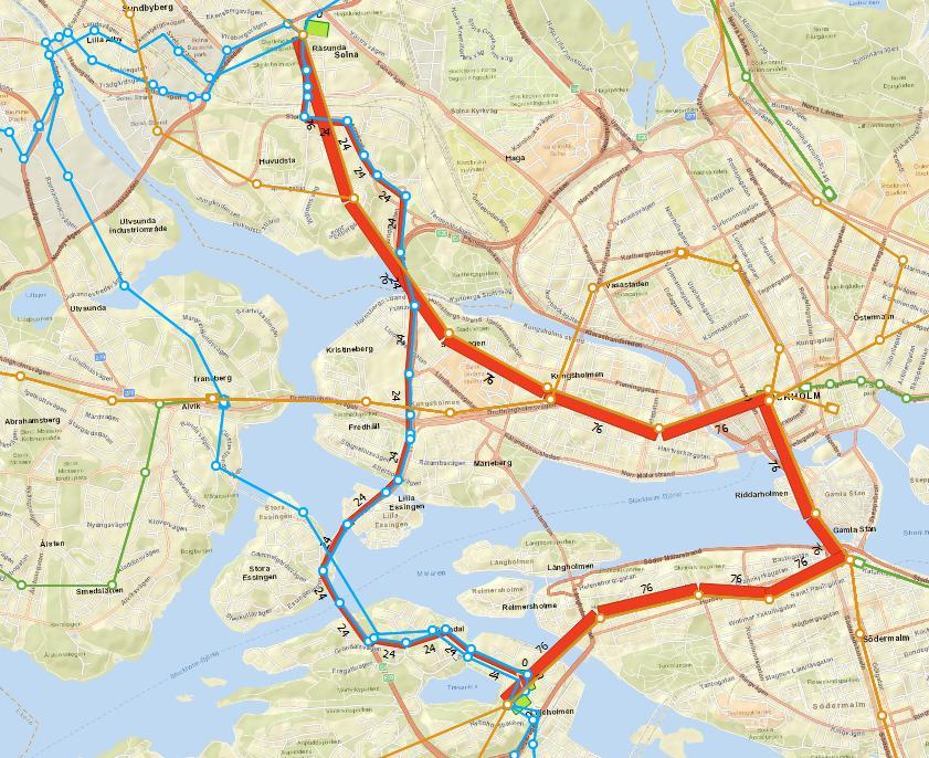 Standard transit assignment med sammankodade hållplatser Även i detta fall genomförs test med sammankodning av hållplatser i Liljeholmen och Solna centrum. Resultat enligt Figur 20.