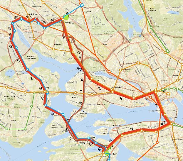 Utan bytet i Alvik som rutten innebär hade upplevd restid för linjen varit cirka 37 minuter, alltså attraktiv. I det fallet hade resultatet blivit enligt Figur 21.