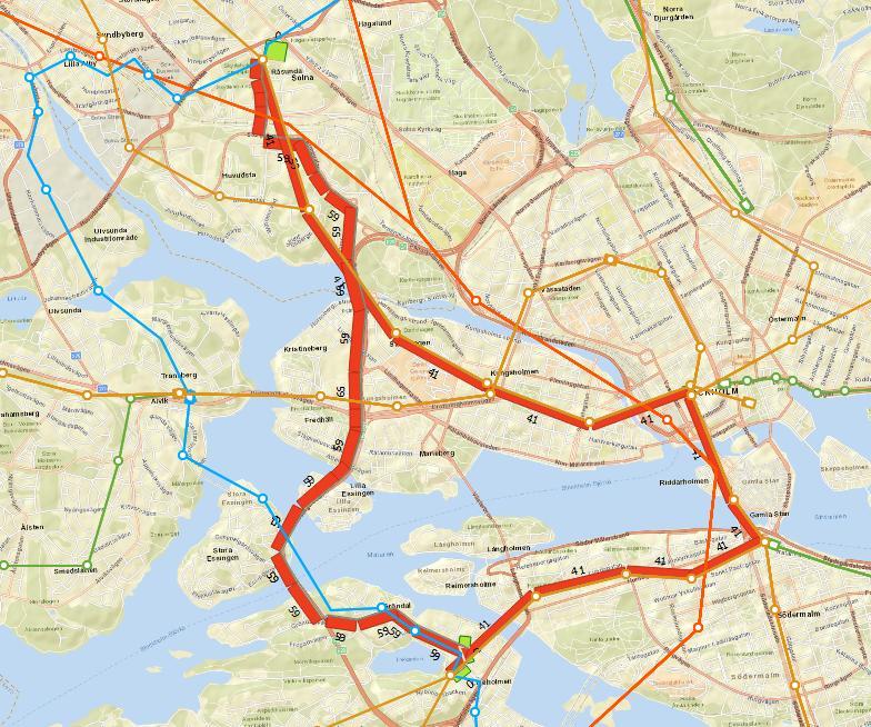 Figur 22: Extended transit assignment med hänsyn till restid vid val av linje. Resultatet visar att majoriteten nu väljer bussalternativet då dess upplevda restid är betydligt kortare.