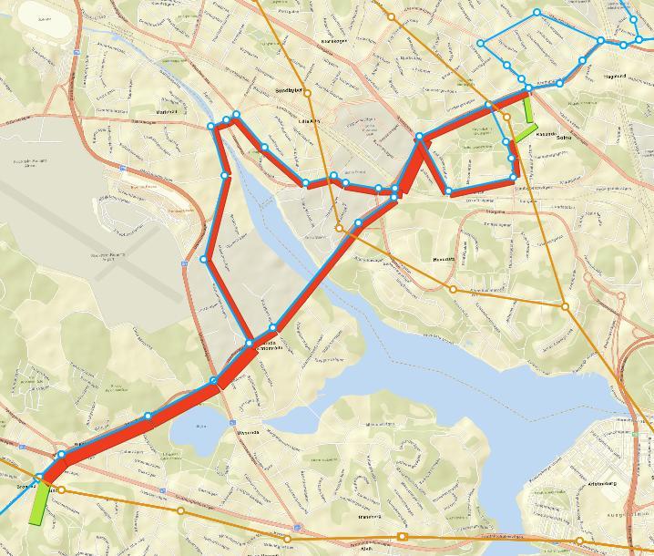 Standard transit assignment Med standard transit assignment blir resultatet av ruttvalet enligt Figur 23. Figur 23: Standard transit assignment, Brommaplan - Solna centrum.