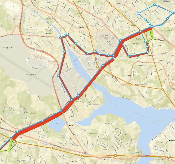Extended transit assignment med fördelning på skaft Det förekommer även andra potentiella ruttval som inte genereras i reseplaneraren.