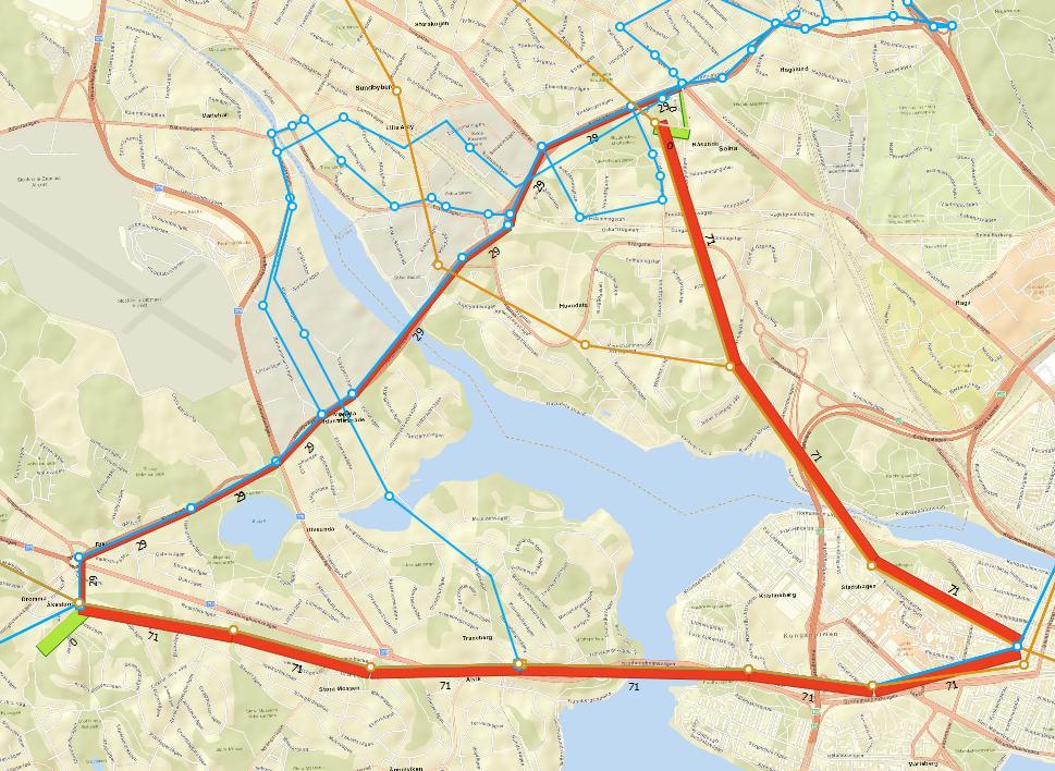 Standard transit assignment med sammankodade hållplatser Som i tidigare analyserade relationer testas även vad som händer om hållplatsnoder kodas samman.
