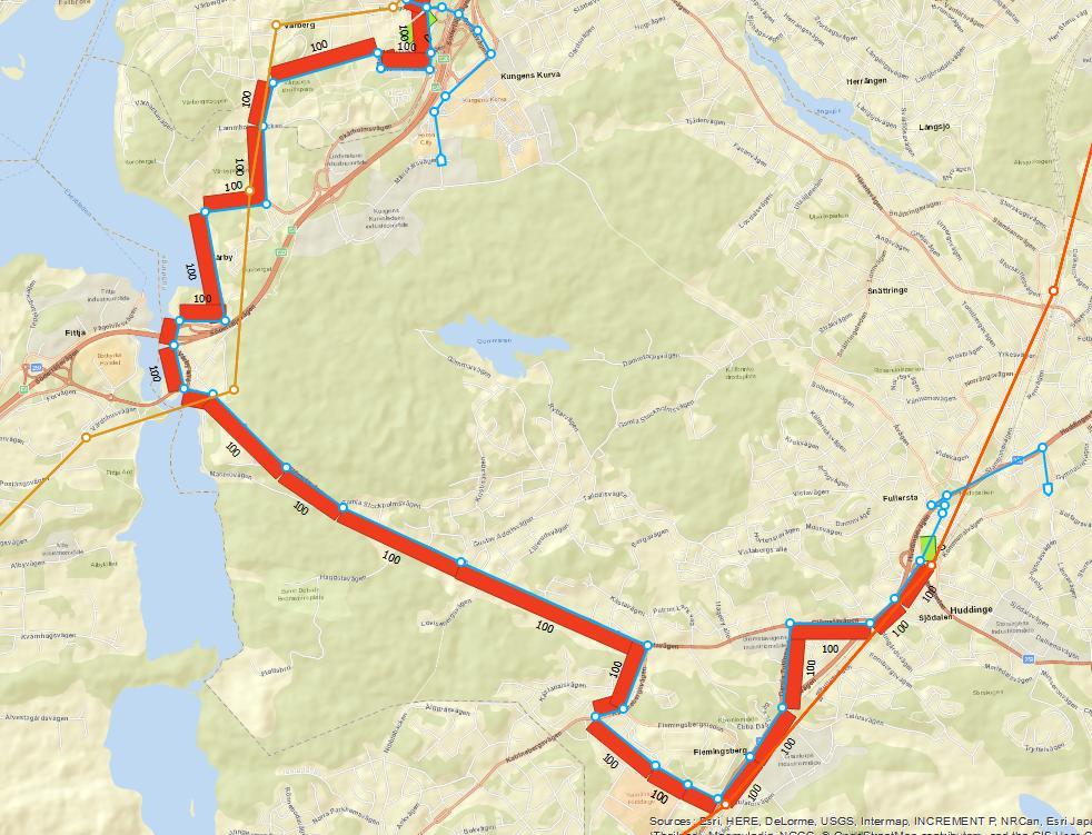 Figur 27: Standard transit assignment, Skärholmen Huddinge. Resultatet visar att samtliga resenärer väljer buss nummer 740.