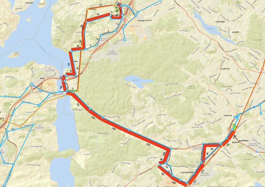 Extended transit assignment med fördelning på skaft Genom analys med extended transit assignment med spridning av resenärer på skaften finns