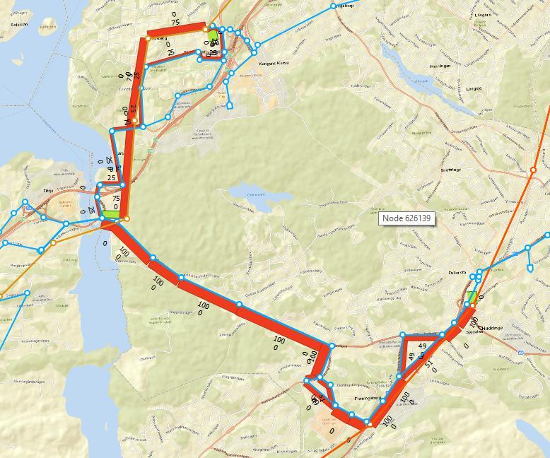 Resultatet visar att resandet nu fördelar sig på olika busslinjer samt på alternativet tunnelbana, buss med byte i Masmo. Någon av de valda linjerna förefaller orimlig, men trots allt möjlig.