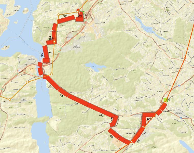 Figur 30: Extended transit assignment med hänsyn till restid vid linjeval, Skärholmen Huddinge. Resultaten visar nu åter att samtliga resenärer väljer buss nummer 740.