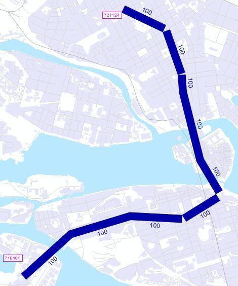 7.1.2. Liljeholmen - Odenplan I Figur 33 visas resultat från nätutläggning med standardinställning i Visum.