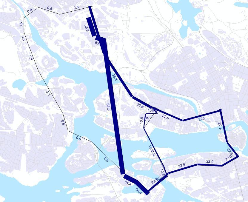 7.1.4. Solna centrum Liljeholmen Figur 36 visar resultat av nätutläggningen med standardinställningen i Visum. Figur 36: Standardinställning i Visum, Solna C Liljeholmen.