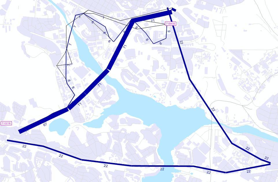 7.1.5. Brommaplan Solna centrum Figur 38 visar resultat från nätutläggning med standardinställning i Visum. Figur 38: Standardinställning i Visum, Brommaplan - Solna centrum.
