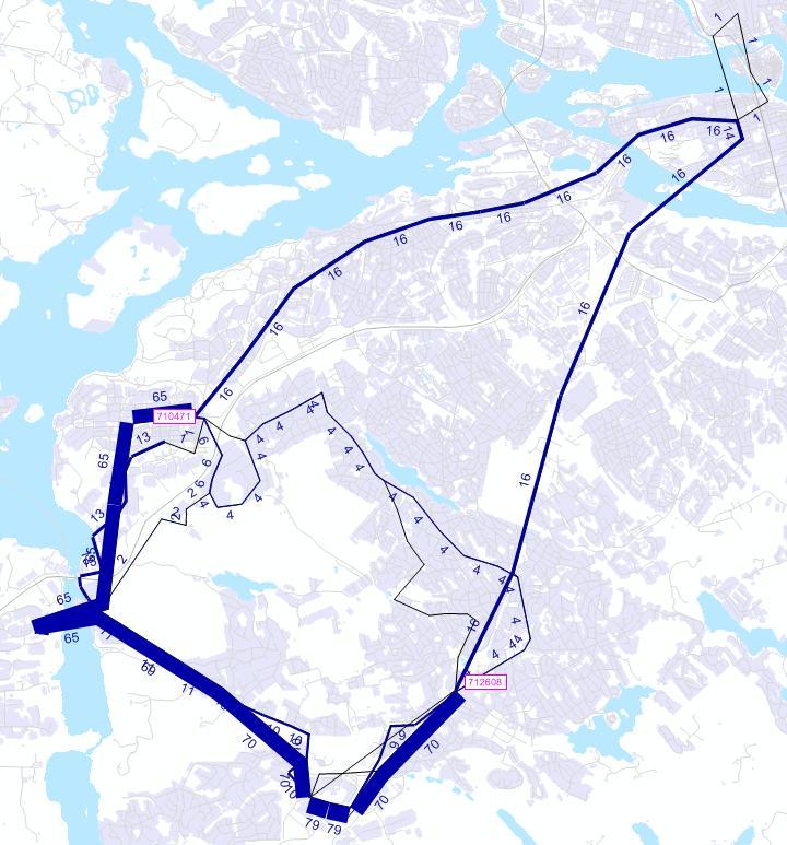7.1.6. Skärholmen Huddinge Figur 40 visar resultat från nätutläggning med standardinställning i Visum. Figur 40: Standardinställning i Visum, Skärholmen Huddinge.