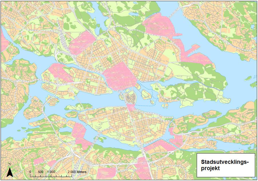 Figur 6 Karta över stadsutvecklingsprojekt (rosa) inom Stockholms stad För att möta de nya förutsättningarna år 2030 ska stomtrafiken planeras utifrån tre huvudprinciper: God regional tillgänglighet