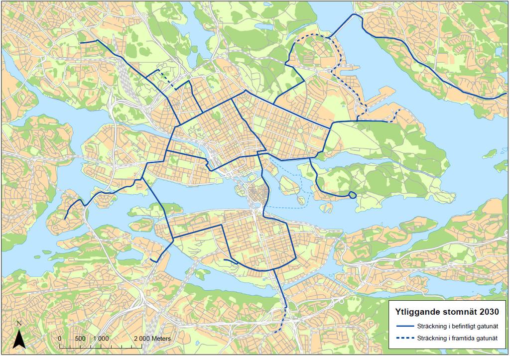 Skillnaderna mellan vilka gator som idag används för stomtrafik och vilka gator som kan tänkas vara lämpliga för stomtrafik år 2030 är störst i stomnätets yttre delar, vilket förklara av att stor del