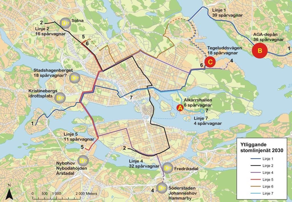 För att tillgodose depåbehoven för skede 4 behövs depåer som rymmer ca 30 spårvagnar (10 vagnar avser linje 1 Centralen-Stora Essingen, 16 vagnar avser linje 2 Solna, övriga vagnar avser vagnreserv).