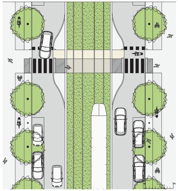 Gångoch cykelpassager kommer att skiljas åt. För att vara tydlig och skapa igenkänning kommer samma material att användas längs hela sträckan för Tvärbanan Kistagrenen.
