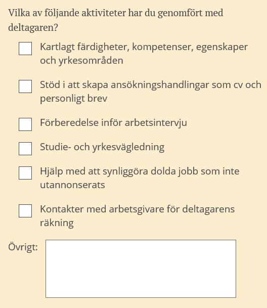 Aktiviteter Här fyller du även i de aktiviteter som du har genomfört med deltagaren.