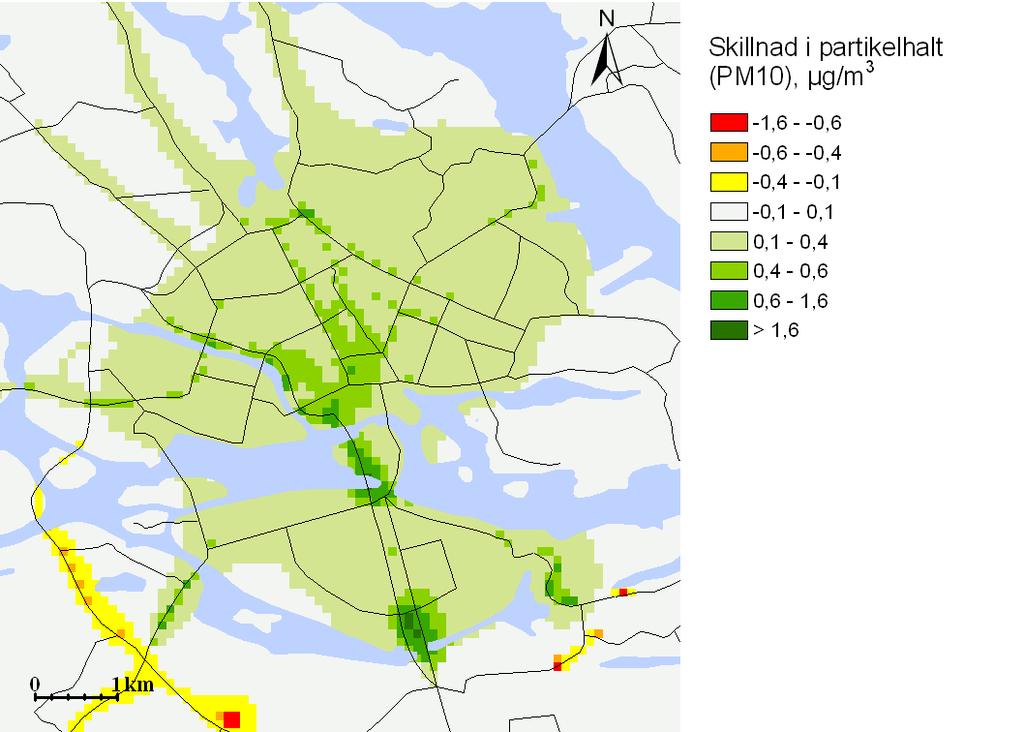 Modellberäkning av effekten av trängselskatt på PM10 halterna (bygger på 15% mindre trafik i