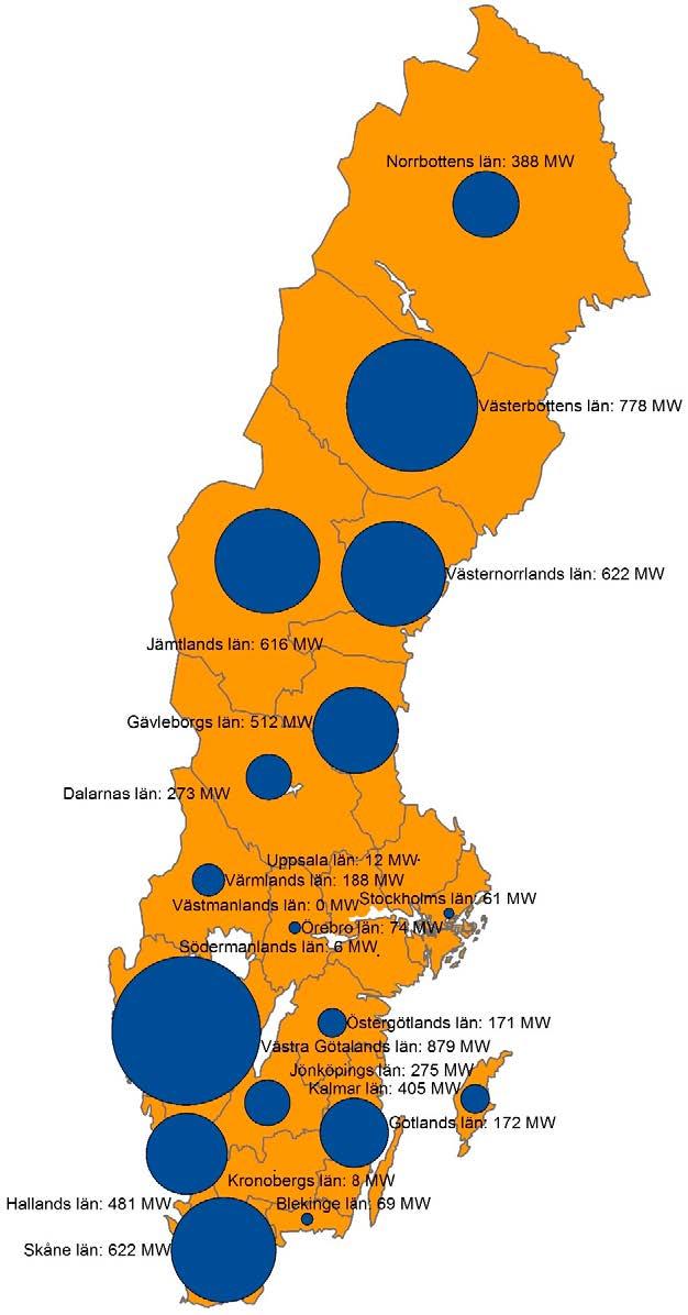 3.4 Länskarta Karta över installerad effekt vindkraft i Sveriges län,