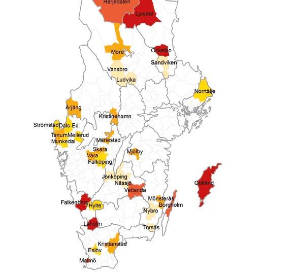 3.5 Kommunkarta Topp 50 Total installerad effekt [MW] 39 46 46 61 61 100 100 150 150 341 Karta över de 50 kommuner