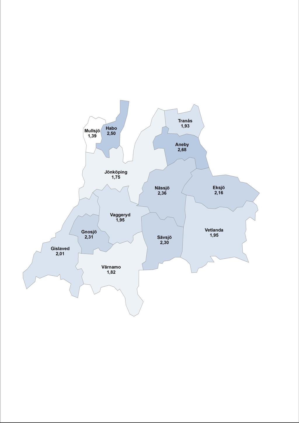 Länets kommuner Fruktsamhetstalen i länets kommuner år 217 varierade från ett lägsta värde i Mullsjö på 1,39 till ett högsta värde i Aneby på 2,68.