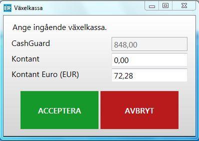 Registrera ingående växelkassa När man startar Excellence Retail efter att man har genomfört en kassaavstämning öppnas dialogrutan för ingående växelkassa.