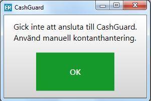 Kontrollera att rätt COM-port för CashGuard är angivet i Verktyg. När man väljer Grön/OK görs ett nytt försök att ansluta till CashGuard.