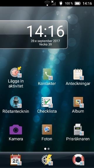 Startmeny med standard-layout liknar en vanlig startskärm i Android och visar förutom tillgängliga appar även statusfältet. Det är möjligt att lägga in genvägar till funktioner i Handi-apparna, t.ex.