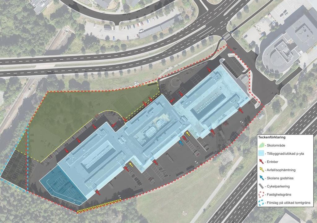 Illustration Ramböll. Skolgårdens storlek och utformning samt trafiksituationen inomoch utanför fastigheten är viktiga frågor som måste studeras vidare i det fortsatta arbetet.