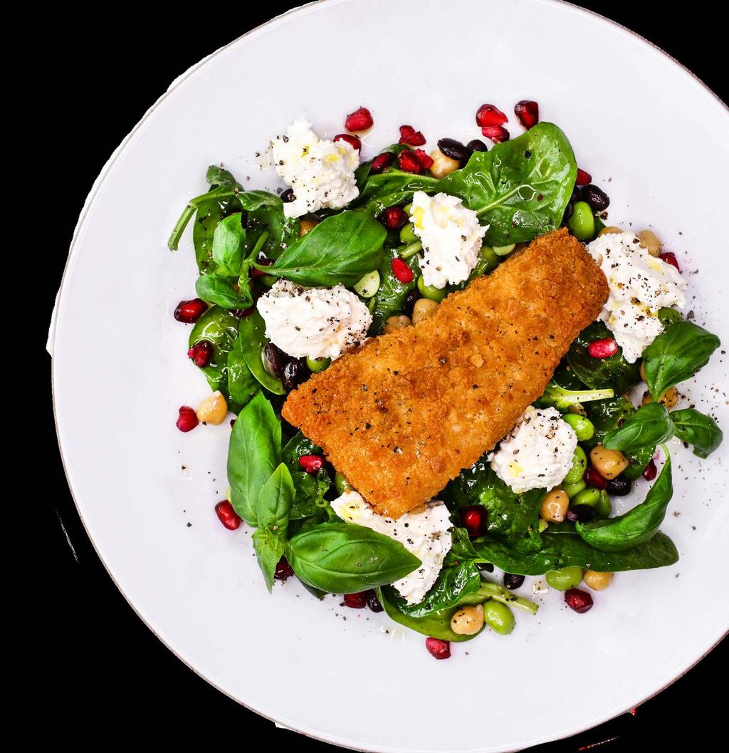 Frasig fisk md sallad och ftaostkräm 0,7 0,9 kg Frasbakad fisk * 0,8 kg bönmix * 0,8 kg färsk spnat 3 st granatäppl 0,5 dl olivolja 0,25 dl vitvinsvinägr salt och pppar 200 g ftaost 3 dl crèm fraîch