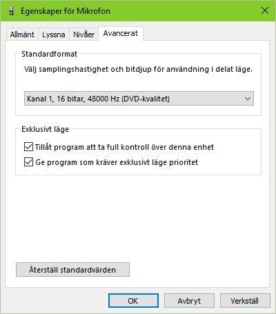 Inställningar - Dator Val och inställningar i mjukvaran; Val av ljudkort (Mikronfoningång, högtalarutgång) Om du använder datorns ljudkort, stäng av systemljuden!