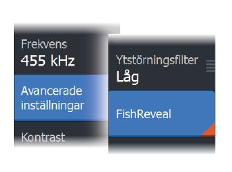 FishReveal När visningsalternativet är inställt som Nedåt väljer du FishReveal på menyn Avancerat för att visa fiskbågar på DownScan-bilden.