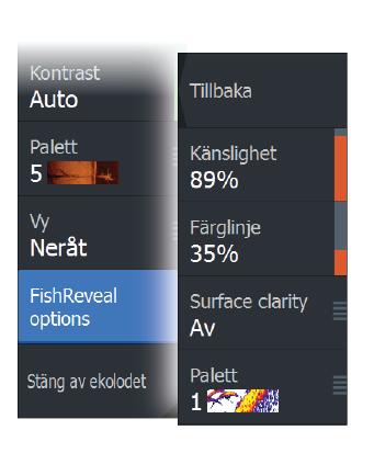 FishReveal-alternativ Känslighet Styr känsligheten för FishReveal-data på DownScan-bilden. När du ökar känsligheten visas fler detaljer på skärmen.