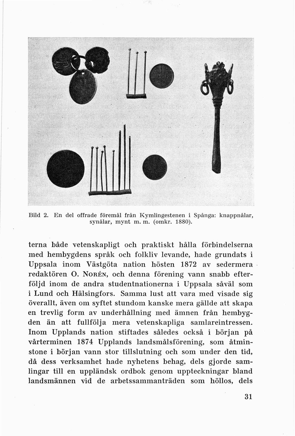 Bild 2. En del offrade förem ål från K ymlingest enen i Spånga: knappnålar, synålar, m ynt m. m. (omkr. 1880).