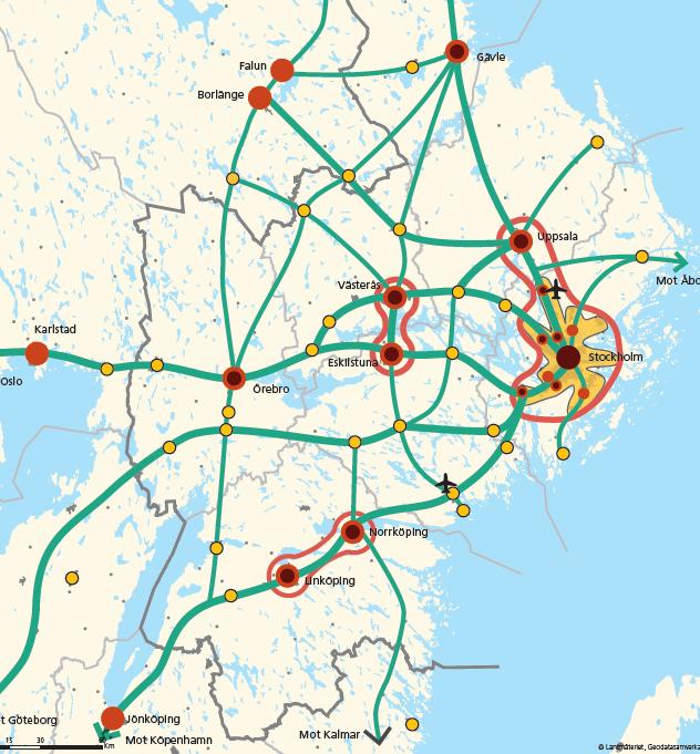 Prioriterade funktioner och strategier i Systemanalysen I första hand måste tillgängligheten mellan nodstäderna i de storregionala stråken in mot Stockholm (och Arlanda) förbättras.