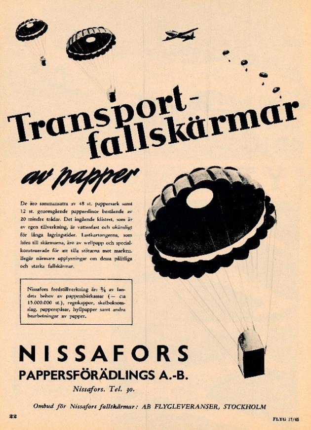 Bröderna Leif och Peder Thilén ägare av dåvarande Nissafors Pappersförädling AB fick 1943 i uppdrag att ta fram prover på engångs transportfallskärmar i kräppat kraftpapper.