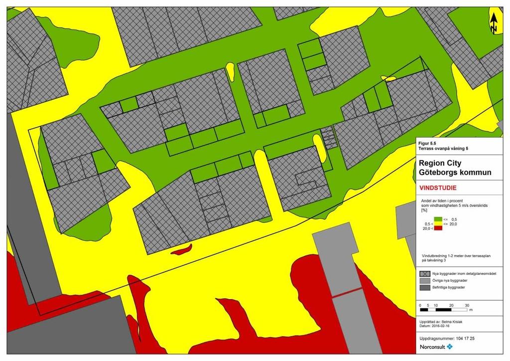 19 (30) Figur 5.5. Vindförhållanden på takterrasser ovanför 5 våningar. Terrasserna anges med svarta ringar. De flesta terrasserna ovanpå våning 5 har bra förhållanden för längre vistelse.