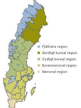 Figur 2. Två exempel på indelning av Sverige i naturgeografiska regioner. Till vänster naturgeografiska regioner för skog som används i bl.a. miljöövervakningen, till höger nordiska ministerrådets regionindelning som baseras på biologiska, geologiska och topografiska parametrar.