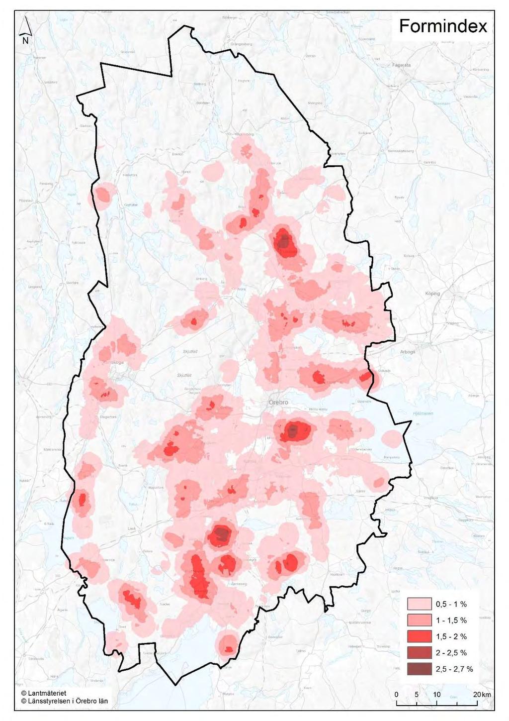 Figur 51. Täthetsanalys för den tredjedel av jordbruksblocken i Örebro län som har högst formindex vilket indikerar ett småbrutet landskap med hög förekomst av småbiotoper.