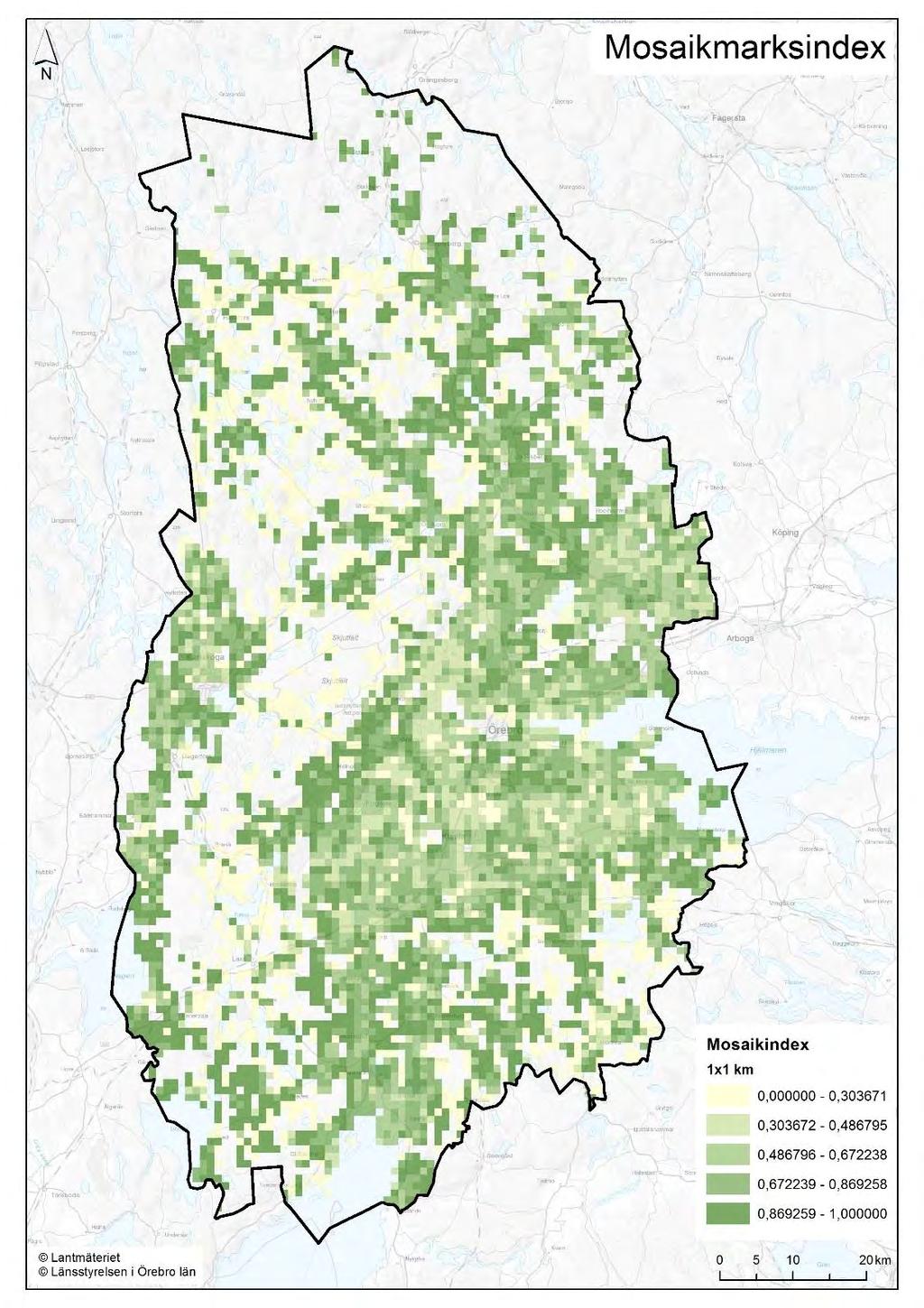 Figur 53. Mosaikmarksindex för 1x1 km stora rutor i Örebro län. Ju mörkare färg desto högre index.