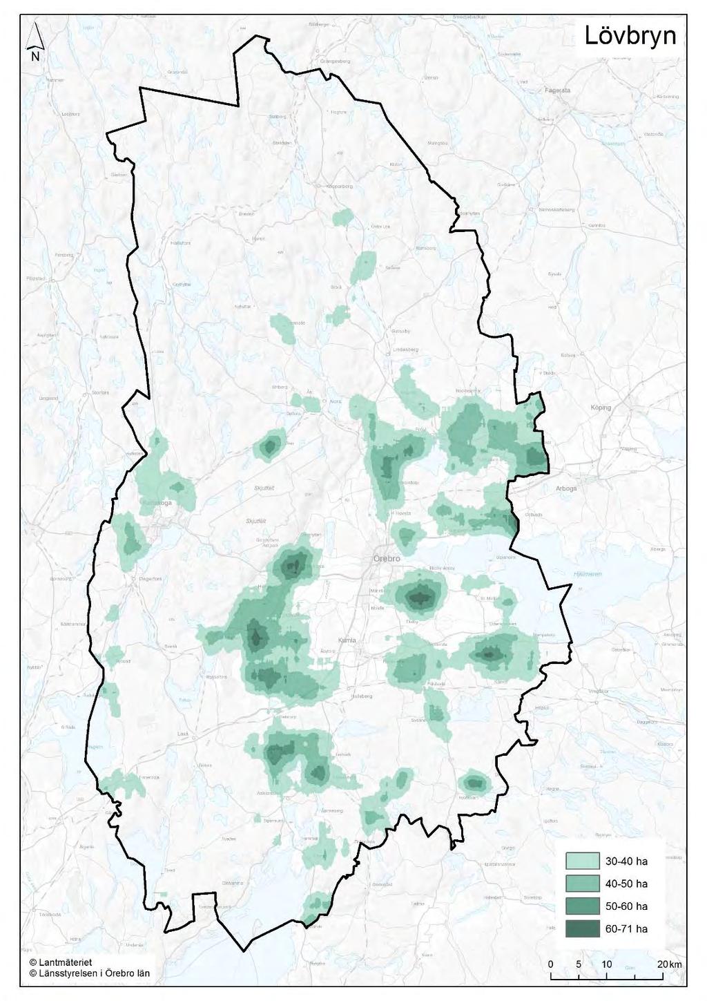 Figur 55. Täthetsanalys av potentiella lövbryn och ett sökfönster på 5x5 km. I analysen utgörs potentiella lövbryn.
