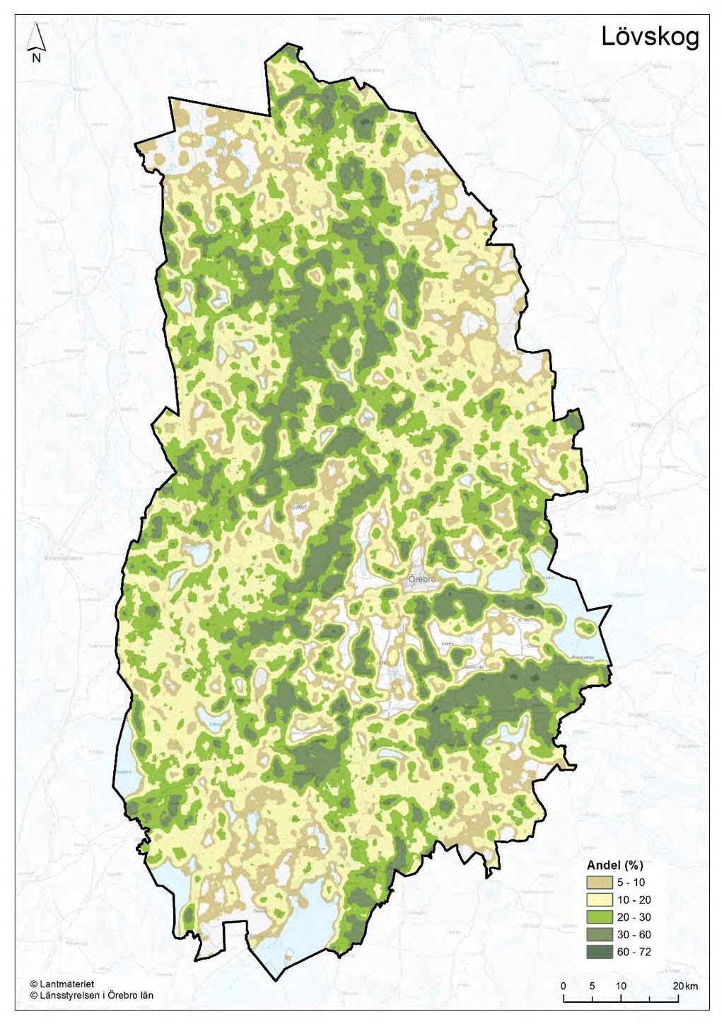 Figur 75. Tätheter av lövskog inom 1000 meters radie i Örebro län. I de analyser som genomförts inom grön infrastrukturarbetet har drygt 155 000 hektar triviallövskog identifierats i Örebro län.