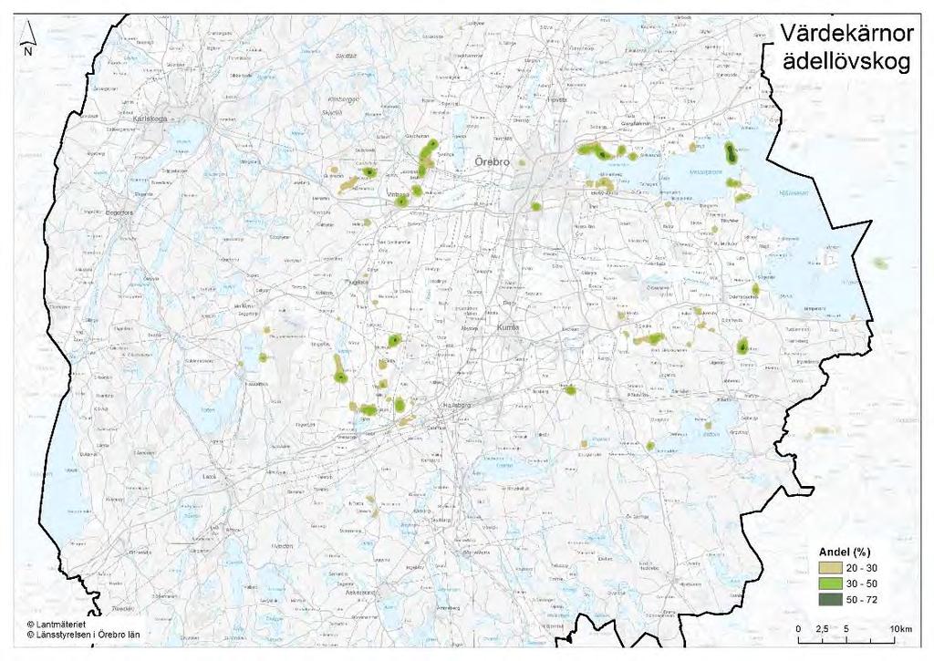 Figur 81. Områden i Örebro län med över 20 procents täthet av värdekärnor av ädellövskog inom 500 meters radie.